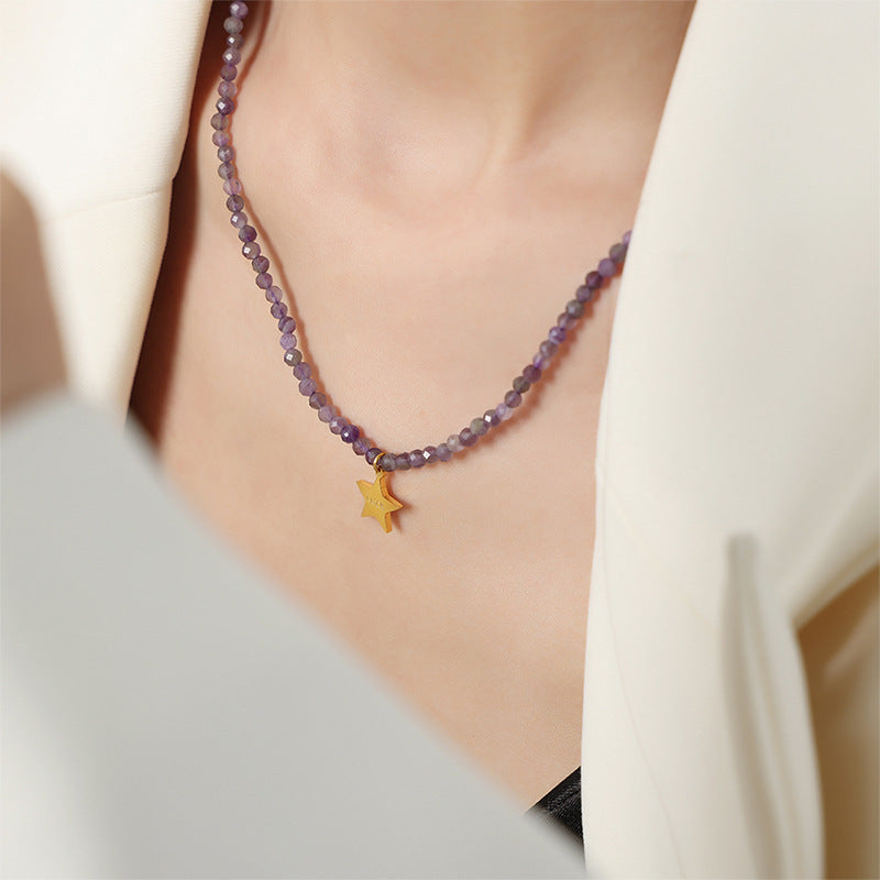 Golden Star Pendant Necklace with Tianhe Stone Beads - Handcrafted Titanium Steel Jewelry