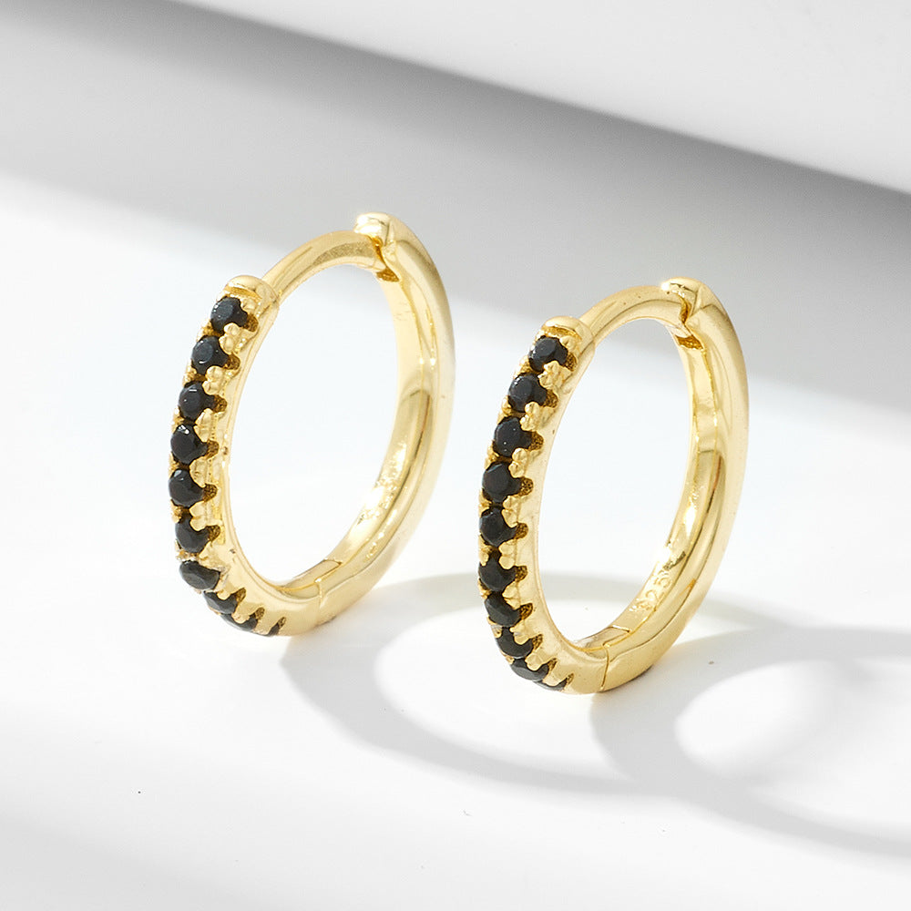 925 Sterling Silver Micro-Inlaid Black Zircon Round Earrings, Trend Geometric Silver Earrings,