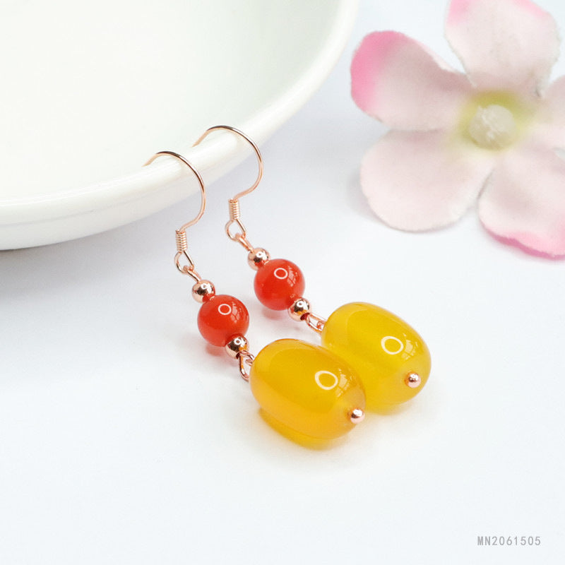 Yellow Chalcedony Barrel Bead 925 Silver Hook Earrings