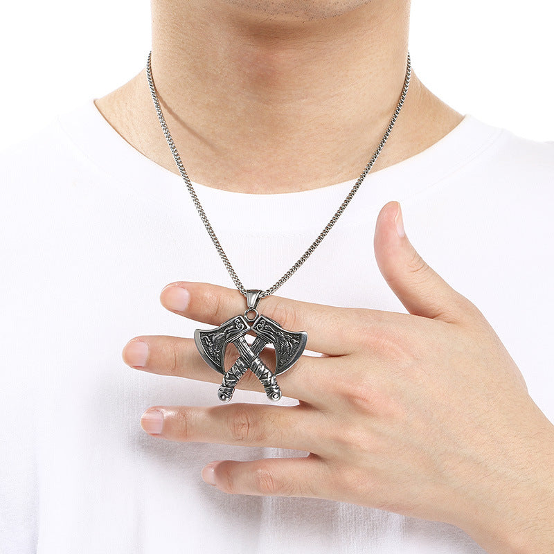 Nordic Viking Wolf Head Tomahawk Pendant, Retro Celtic Knot Warhammer Titanium Steel Necklace