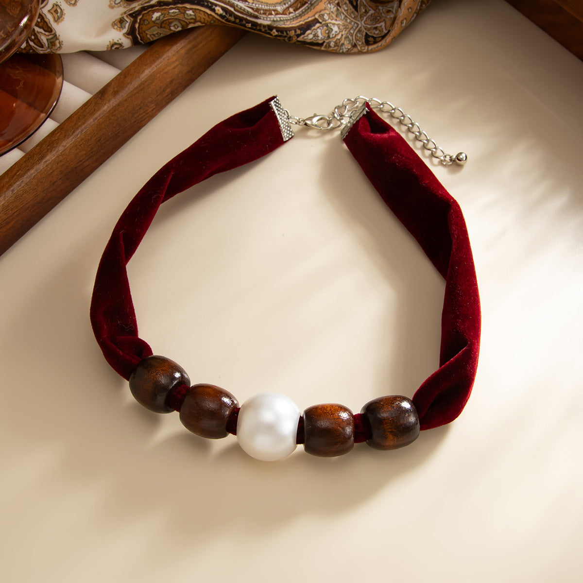 Wood Bead Pearl-Style Collarbone Necklace