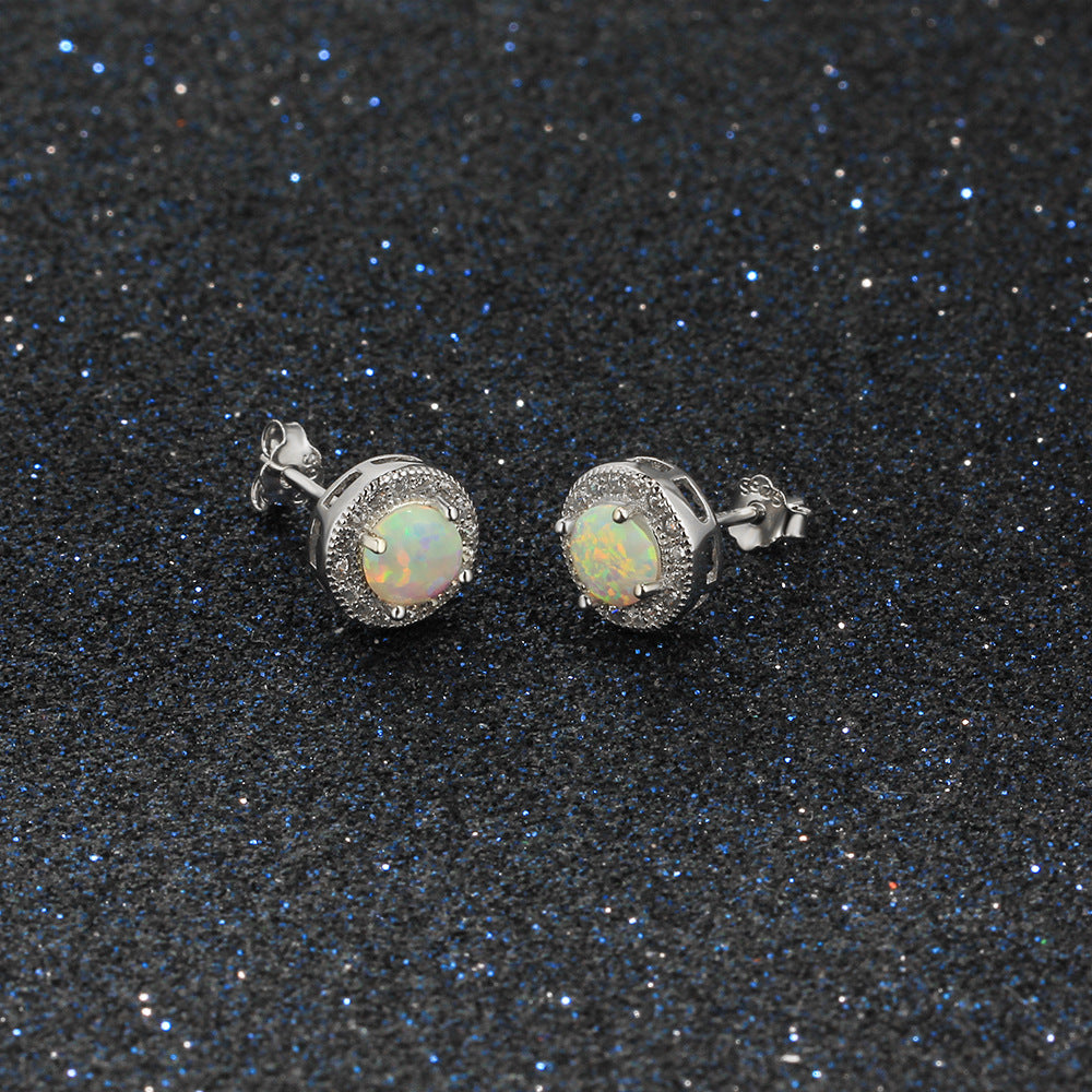 Planderful Jewelry Sterling Silver Opal Halo Stud Earrings