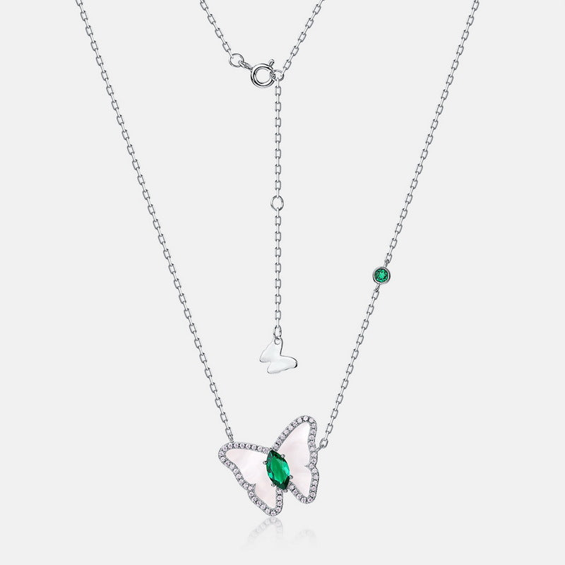 S925 Sterling Silver Lab-Grown Emerald Butterfly Pendant Necklace