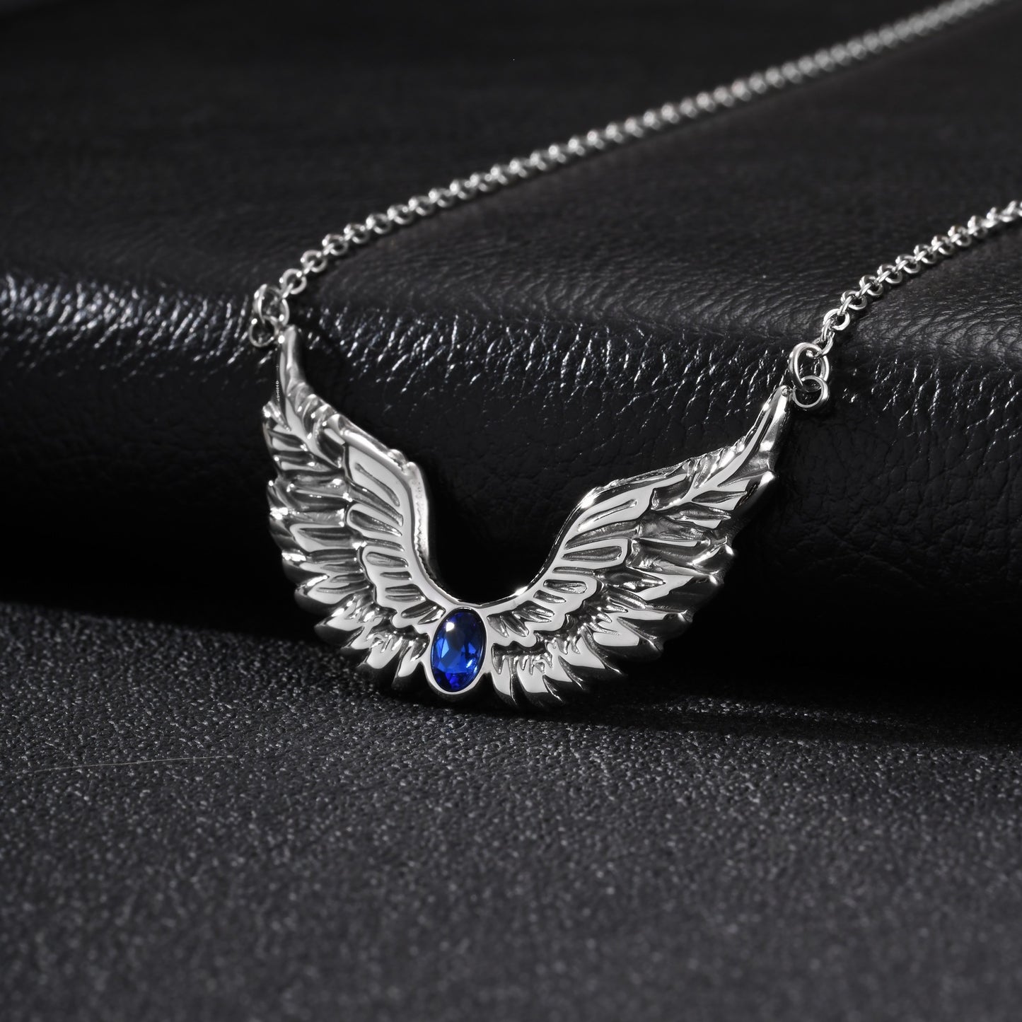 Style Men's Stainless Steel Black Zirconium Feather Wing Necklace Punk Stacked
