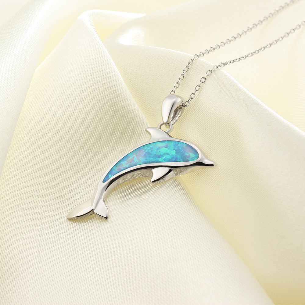 Planderful Jewelry Opal Dolphin Necklace Sterling Silver