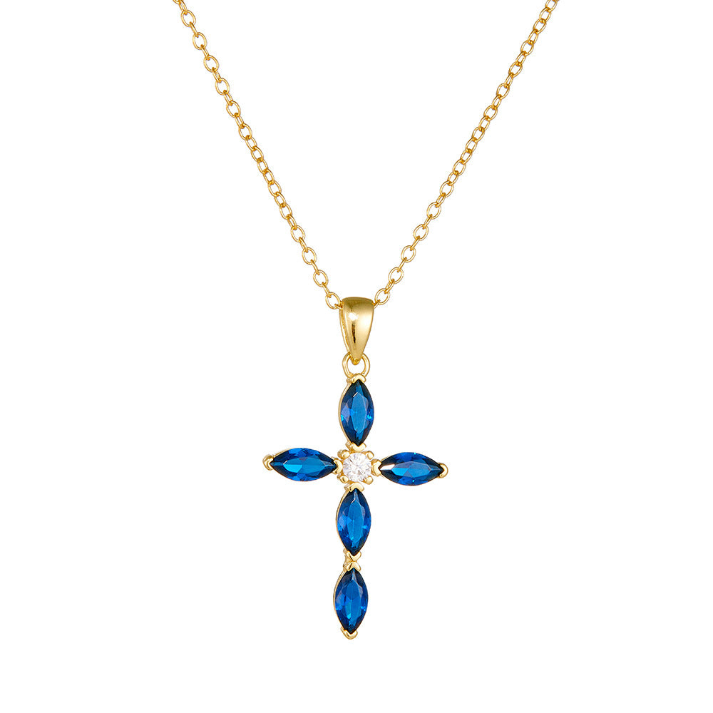Elegance And Luxurious Full Zircon Cross Sterling Silver Necklace, Blue Pendant