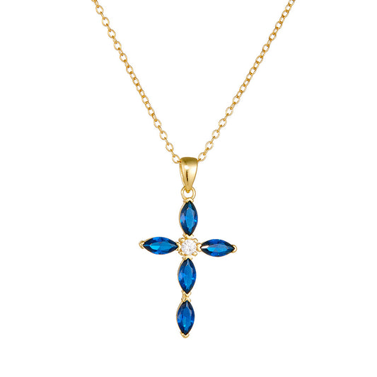 Elegance And Luxurious Full Zircon Cross Sterling Silver Necklace, Blue Pendant