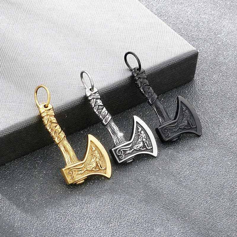 Nordic Viking Wolf Pattern Battle Axe Pendant – Punk Style Axe Amulet Titanium Steel Necklace
