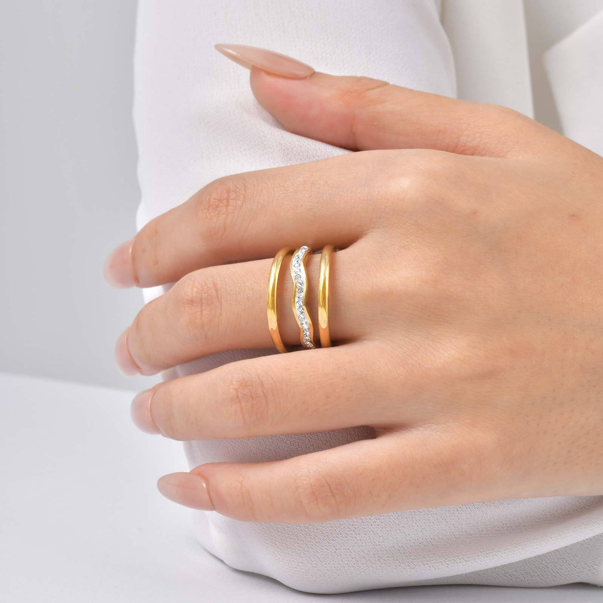 Stainless Steel Women's Index Finger Ring Cold Wind Multi- Rhinestone Steel +