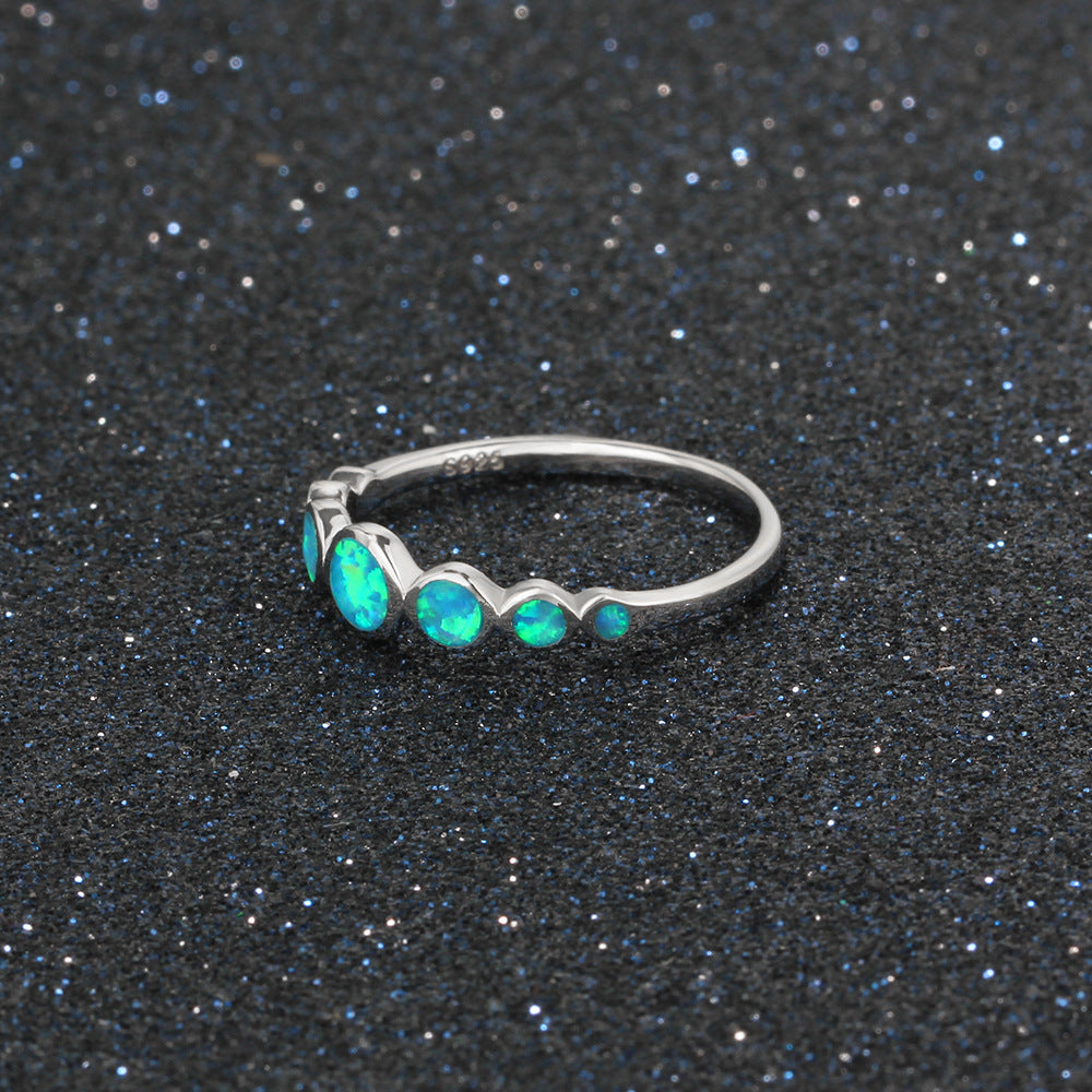 Planderful Jewelry Sterling Silver Opal Ring Blue Opal Seven Stone European Fashion
