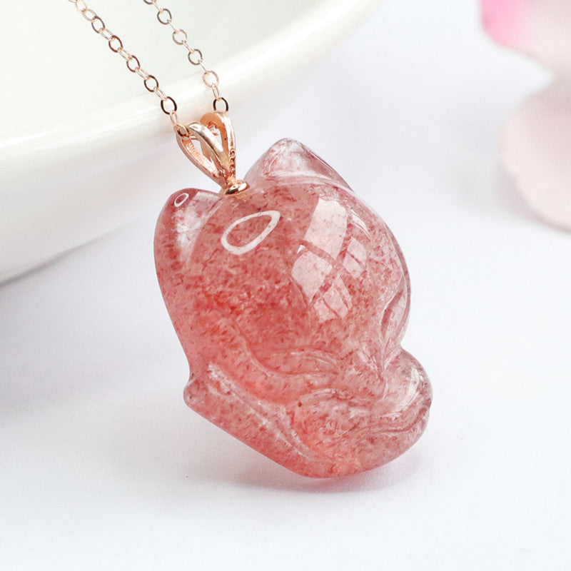Strawberry Quartz Fox 925 Silver Pendant — No Chain