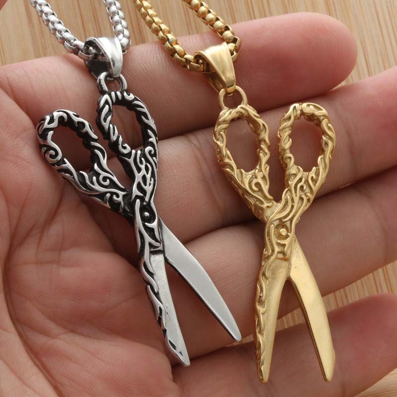 Titanium Steel Retro Punk Hairstylist Scissors Pendant for Men and Women