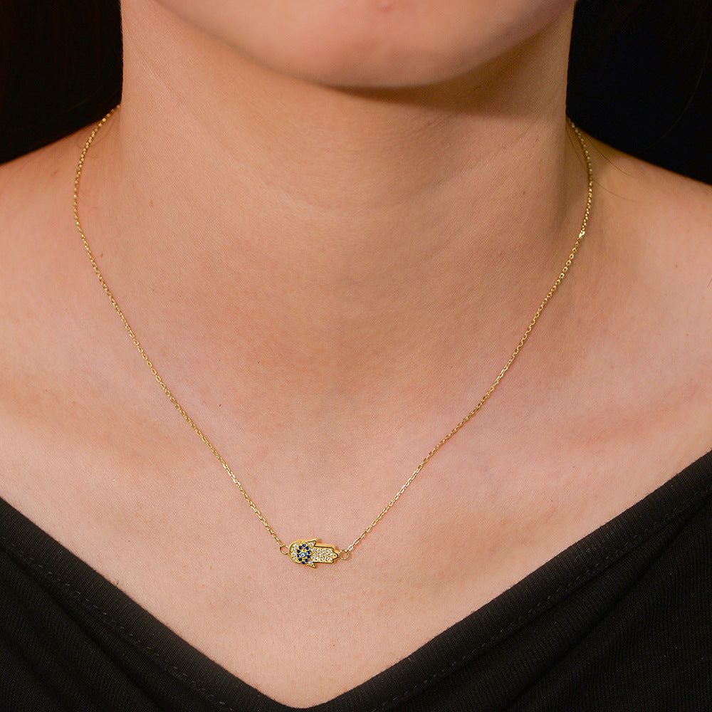 Micro-Inlaid Zircon Devil'S Eye Sterling Silver Necklace Inlaid Dripping Oil Palm Pendant