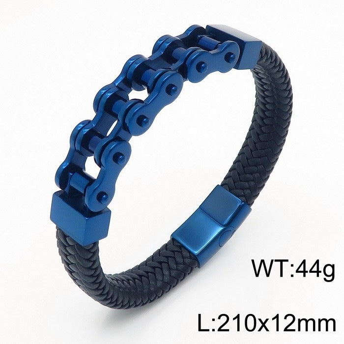 Locomotive Style Woven Leather Rope Men's Bracelet – Man Magnetic Buckle Bicycle Chain