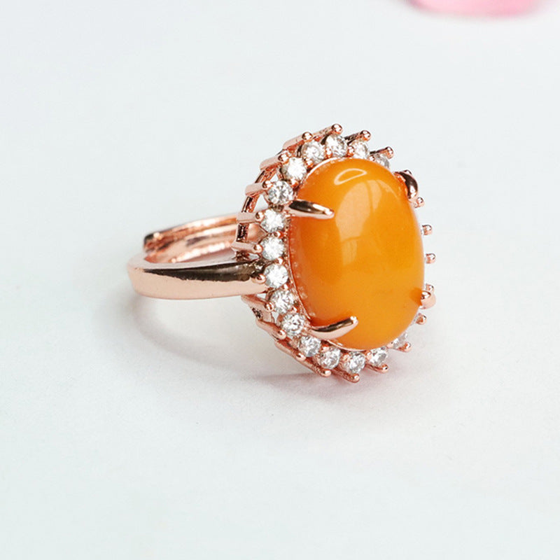 Halo Zircon Ring with Oval Amber and Sterling Silver