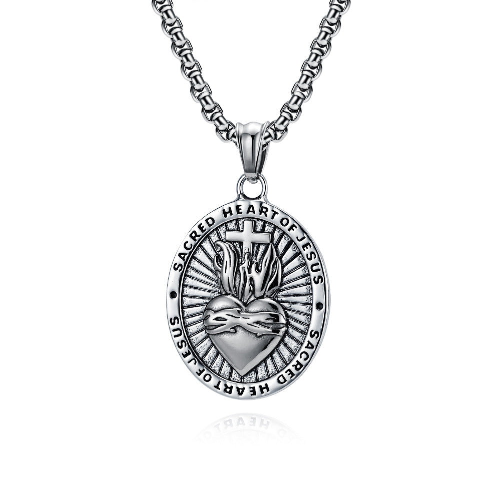 Planderful Sacred Heart Cross Titanium Steel Necklace For Men Retro European American Symbol Body Protection Jewelry