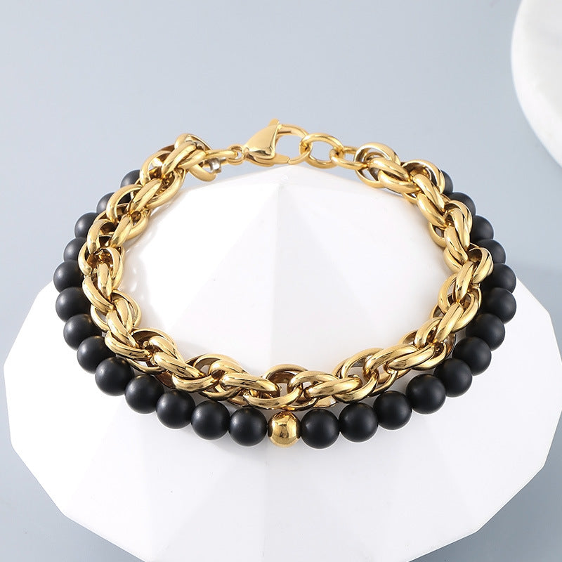 Planderful Black Agate Steel Ball Bracelet Retro Twist Men