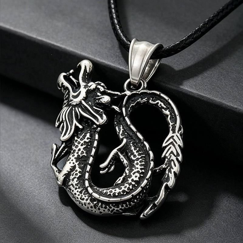 Chinese Style Retro Zodiac Dragon Necklace Stainless Steel Double Dragon Play Bead Pendant
