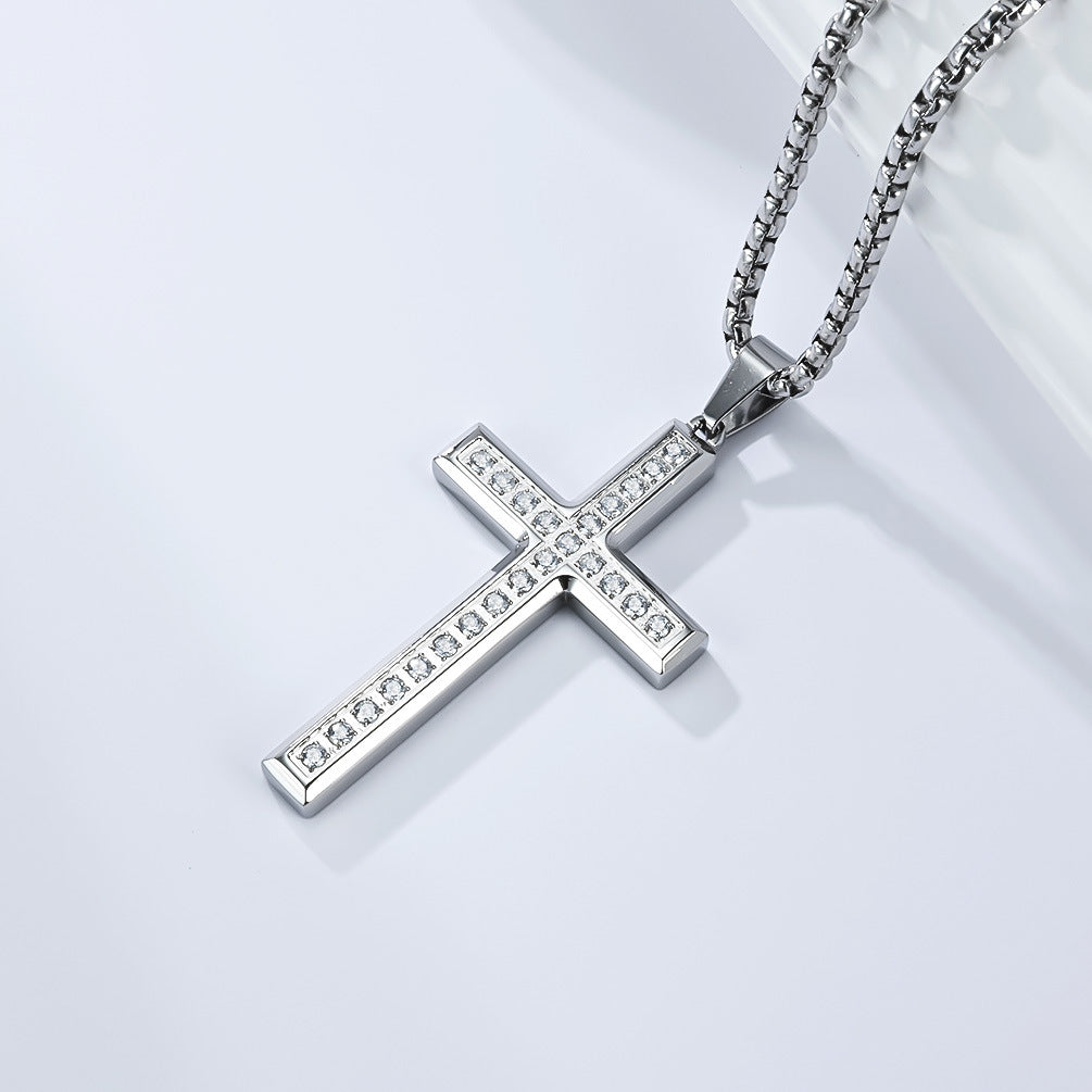 Planderful Unisex Stainless Steel Zircon Inlay Cross Necklace Sleek Everyday Genie Pendant