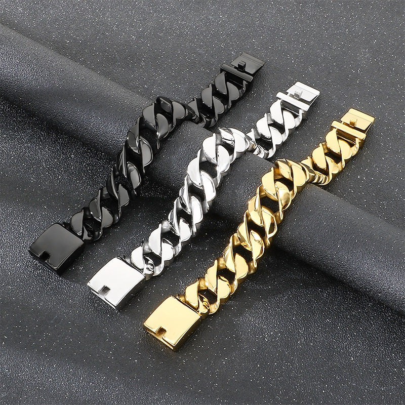 Glossy – In Europe & The United States – 21mm Stainless Steel Wavy Edge Cuban Chain Bracelet