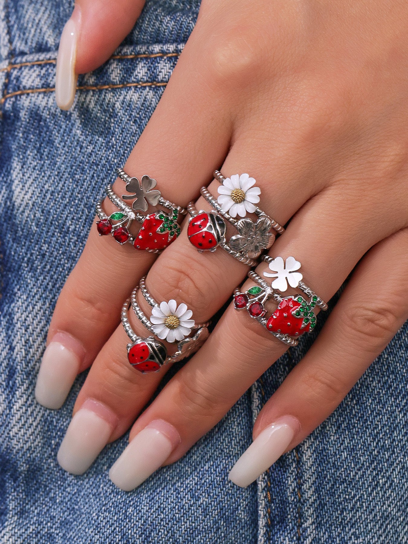 Planderful Hollow Oil Drop Zircon Daisy Ladybug Ladies Ring