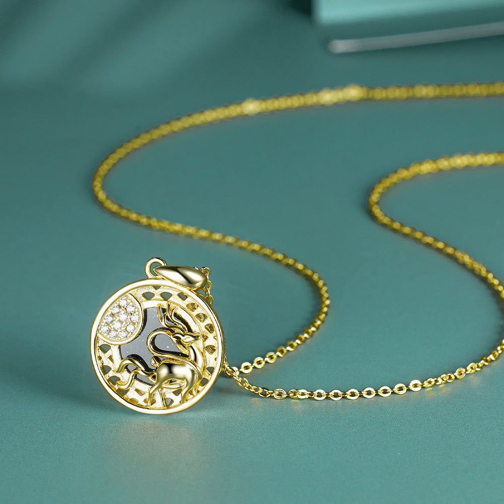 Moonlight Deer Round Pendant Zircon Sterling Silver Necklace