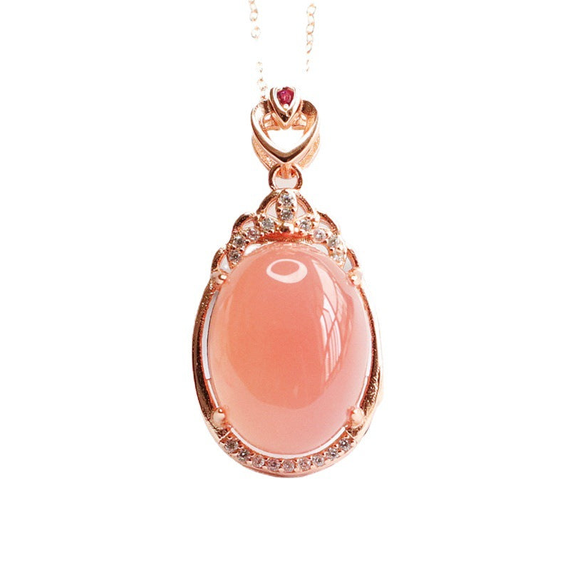 Sterling Silver Zircon Love Rose Gold Necklace with Natural Oval Agate Pendant