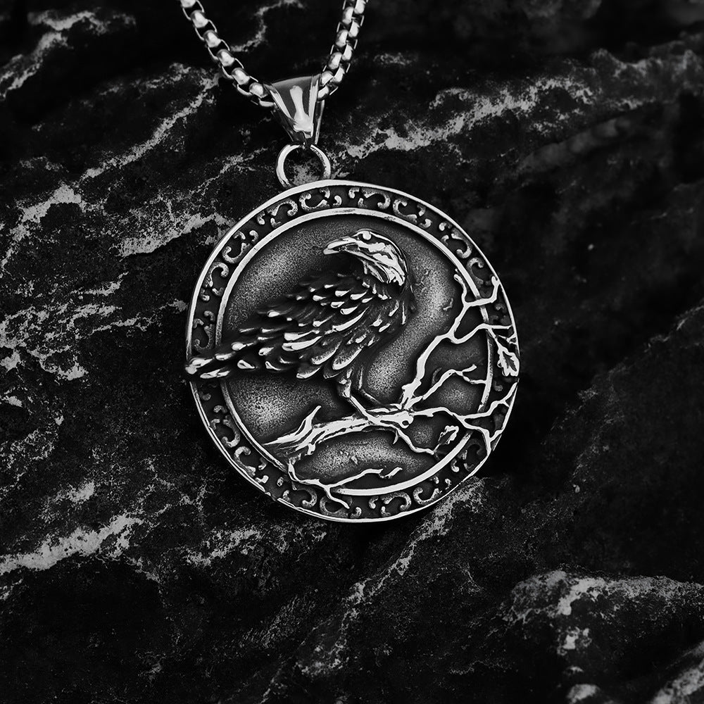 Nordic Vintage Men's Jewelry Stainless Steel Raven Runavin Pendant Necklace