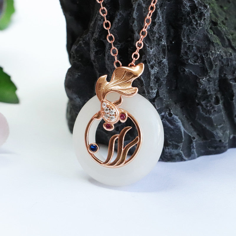 Sterling Silver Jade Koi Fish Necklace with Hetian Jade Peace Ring Pendant only rose gold