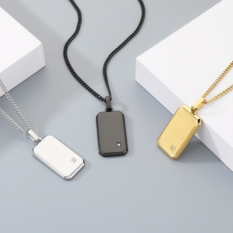Minimalist Geometric Square Men's Zircon Necklace, Niche Stainless Steel Military Pendant