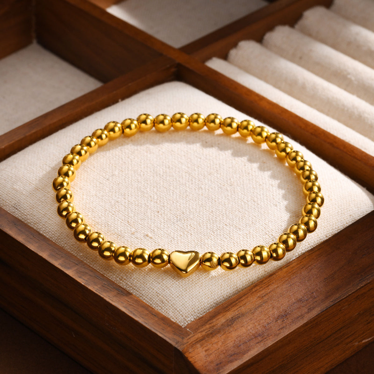 Ladies Stainless Steel Heart Steel Ball Beaded Bracelet Gold