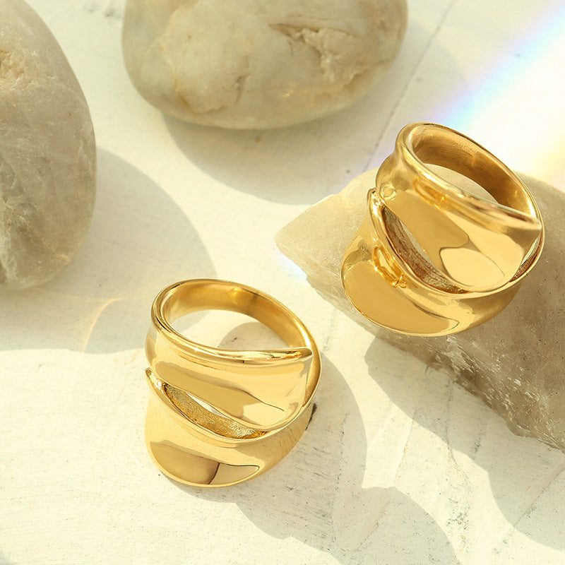 Bold Geometric Hollow Ring in 18K Gold Titanium Steel - Hip Hop Fashion Jewelry