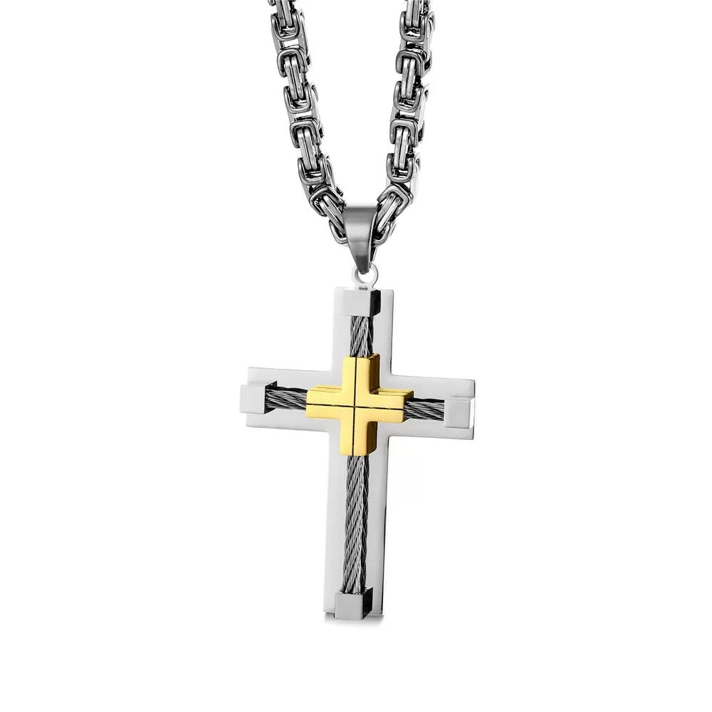 Planderful Mens Stainless Steel Cross Necklace With Wire Rope Chain For Men Everyday Wear Bold Masculine Pendant