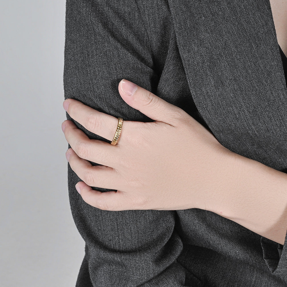 Planderful Titanium Steel Ring Wheat Ear Pattern Light Luxury Versatile Everyday Genie for Men and Women