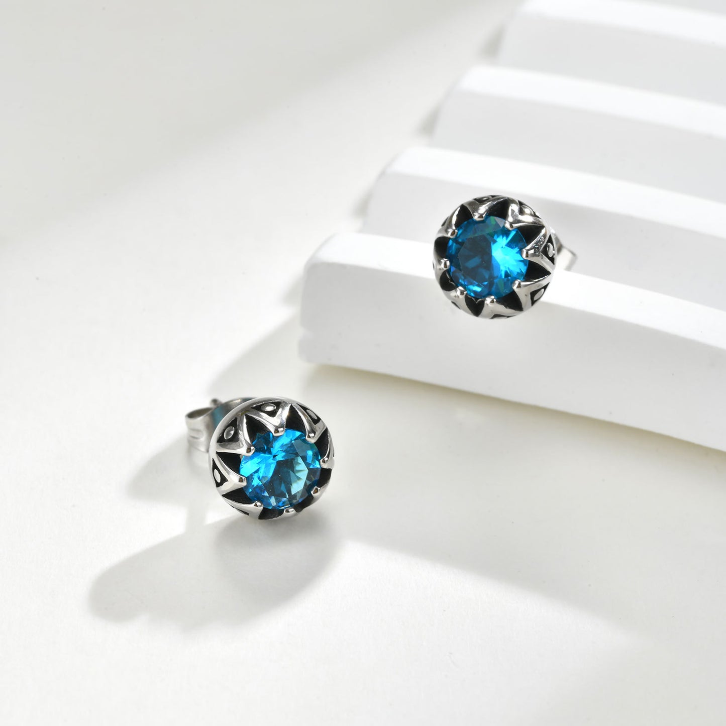 Planderful Titanium Steel Earrings Crown Blue Zircon Unisex