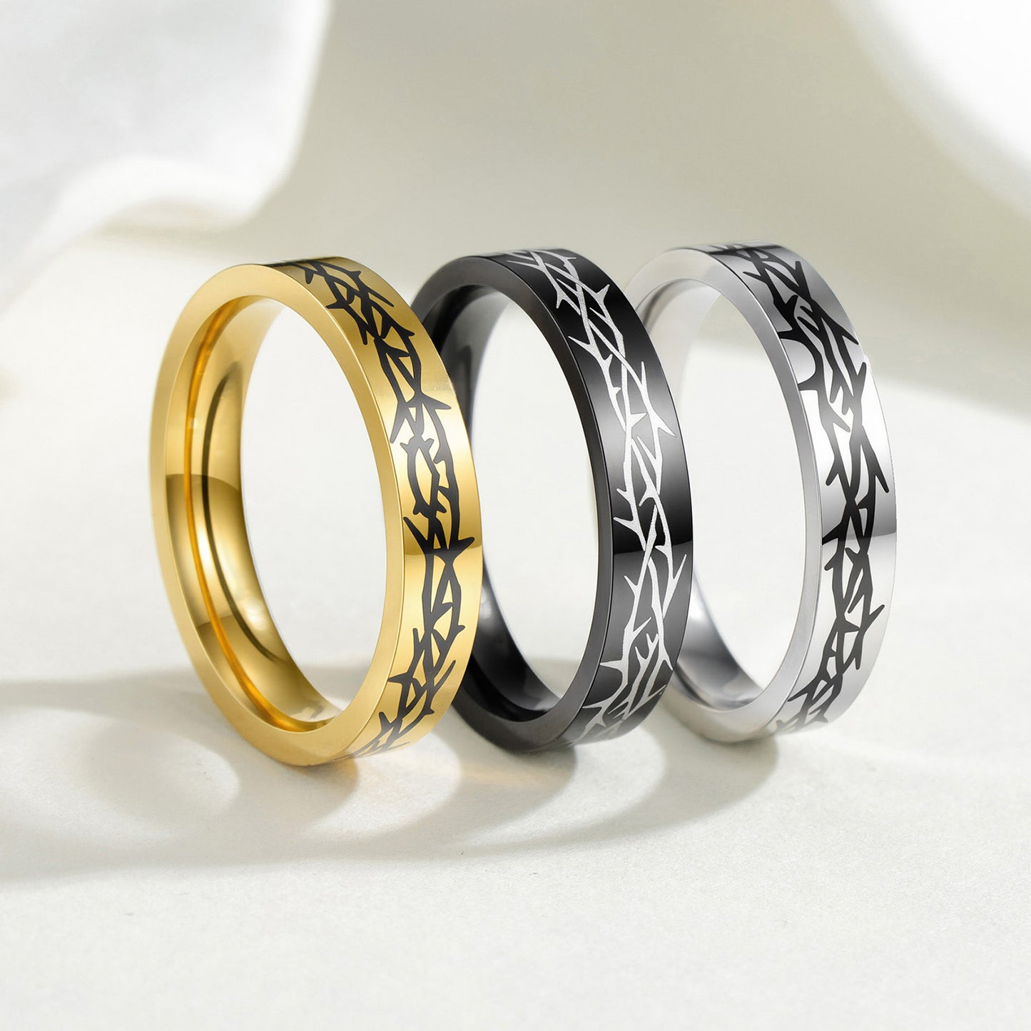 Planderful Stainless Steel Ring Laser Engraved Thorn Design Unisex Everyday Jewelry for Men and Women