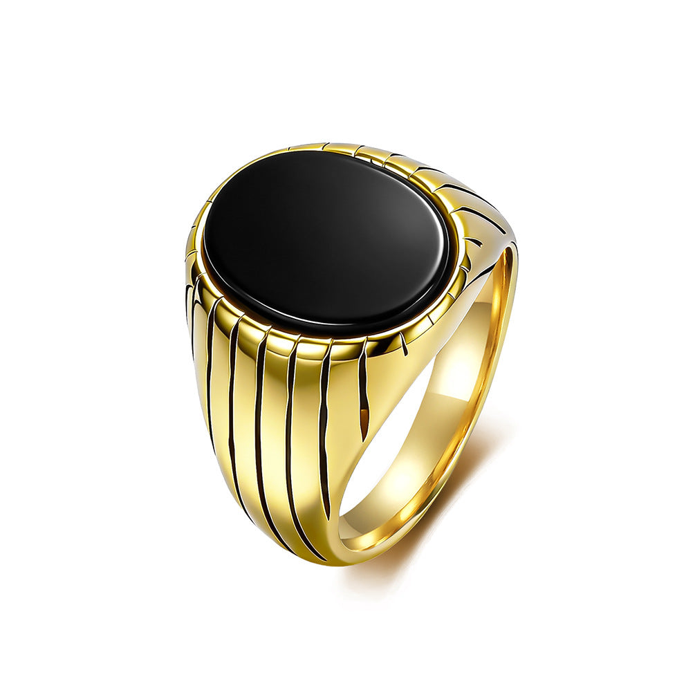 Minimalist Stainless Steel Black Gemstone Ring Men's