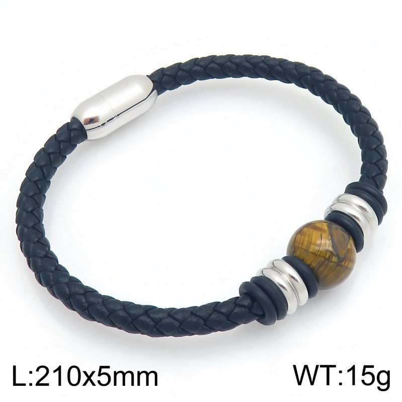 Woven Leather Rope Bracelet Tiger's Eye Stone Lapis Lazuli Magnetic Buckle Stainless