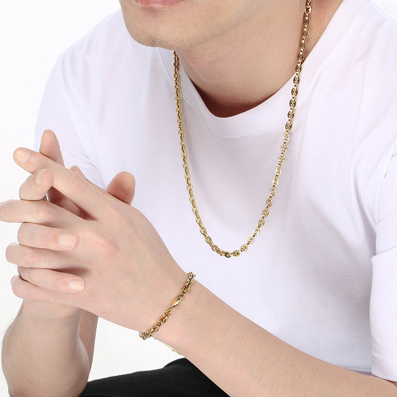 Mens 6mm Stainless Steel Bracelet And Necklace Set Buckle