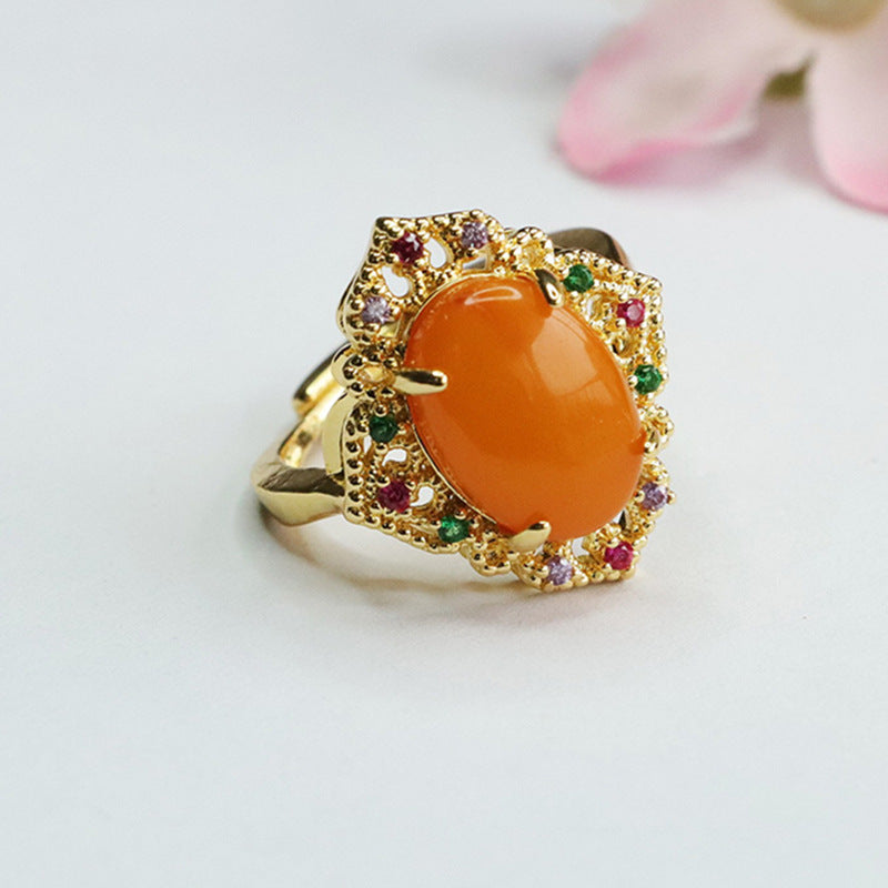 Colorful Zircon Ruyi Ring Needle Sterling Silver Beeswax Amber Ring