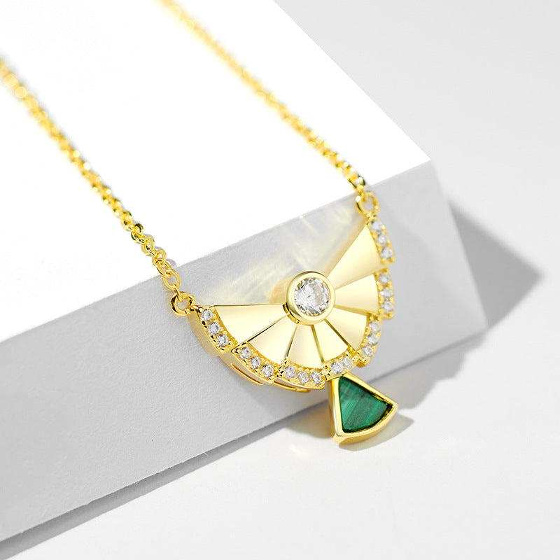 Fan Shaped Pendant Malachite Zircon Sterling Silver Necklace