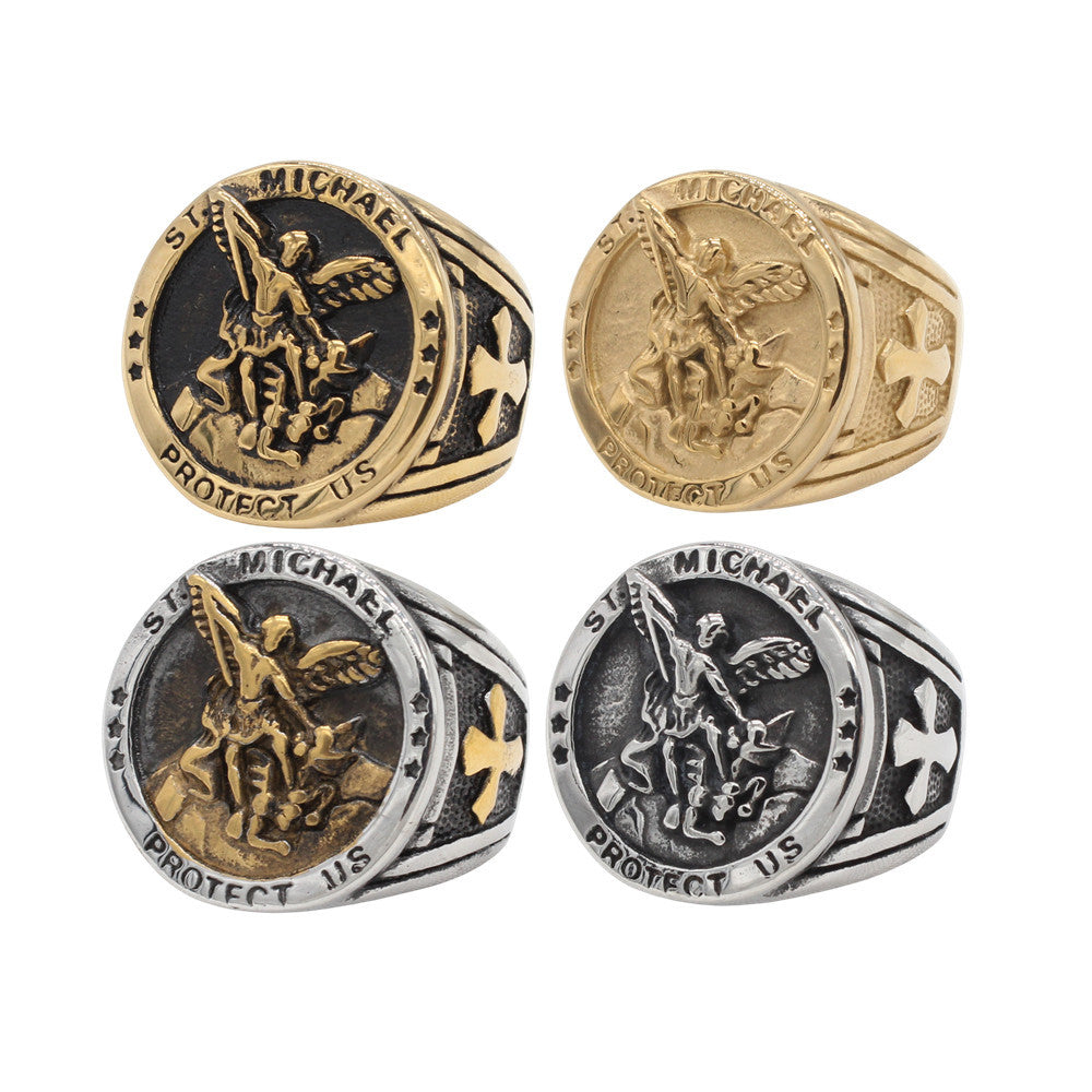 Planderful Everyday Genie Men’s Titanium Steel Ring – European and American Personalized Retro Ancient Greek God of War Angel Design