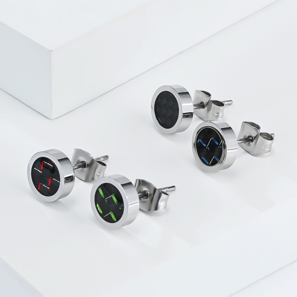 Planderful Titanium Carbon Fiber Inlaid Stud Earrings For Men Unisex Edgy Hip Hop Style Premium