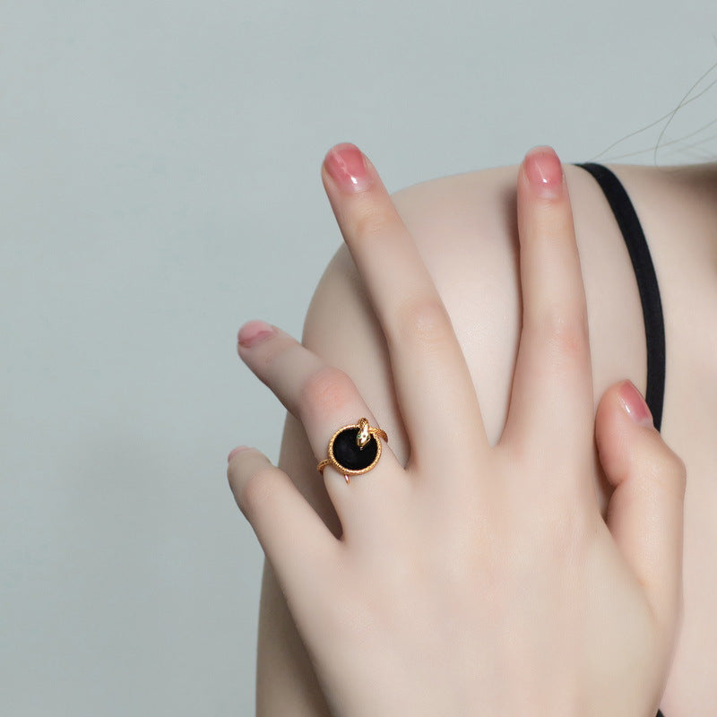 Green Zircon Snake Round Black Agate Opening Sterling Silver Ring