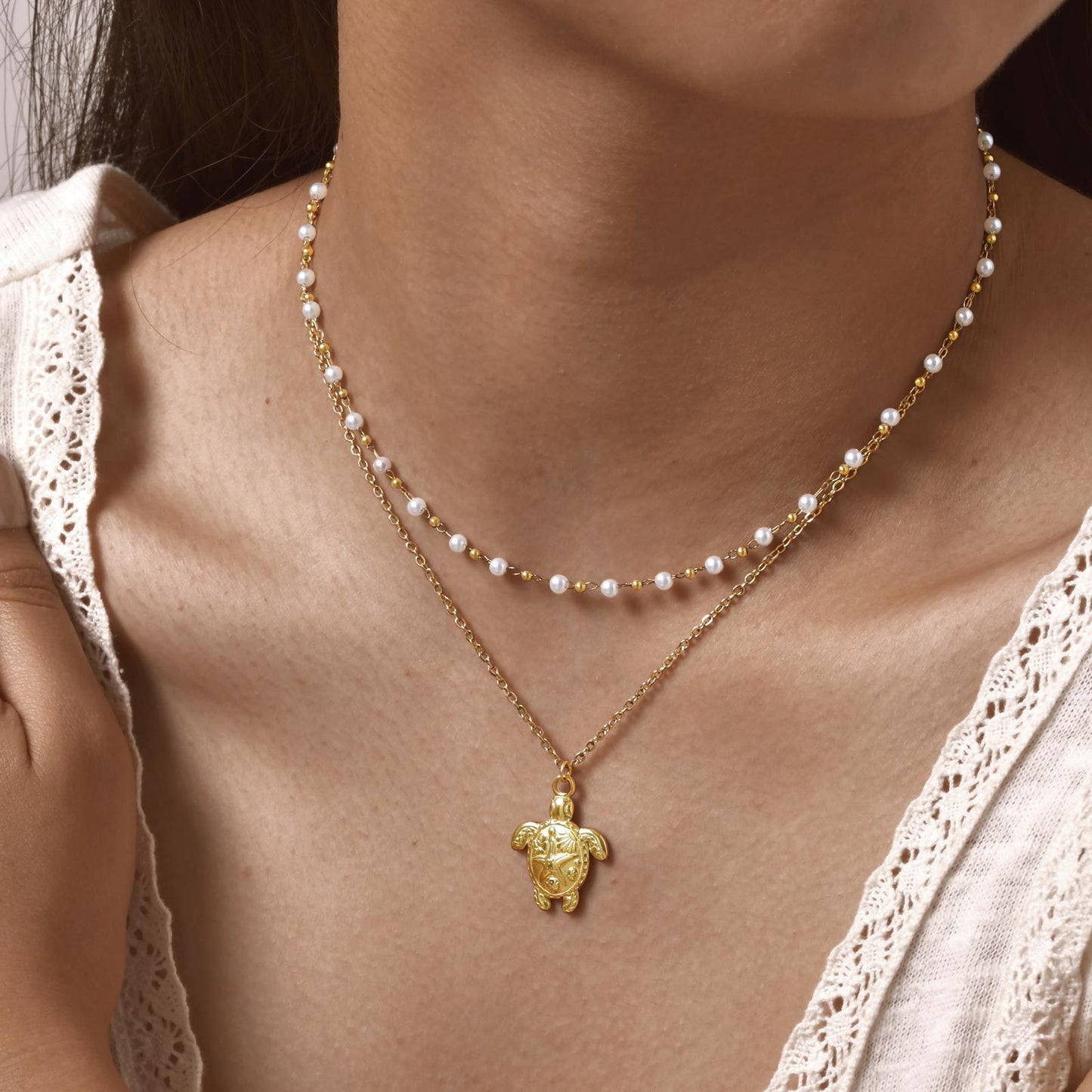 Summer Seaside Ocean Wind Stainless Steel Turtle Imitation Pearl Double Layer Necklace