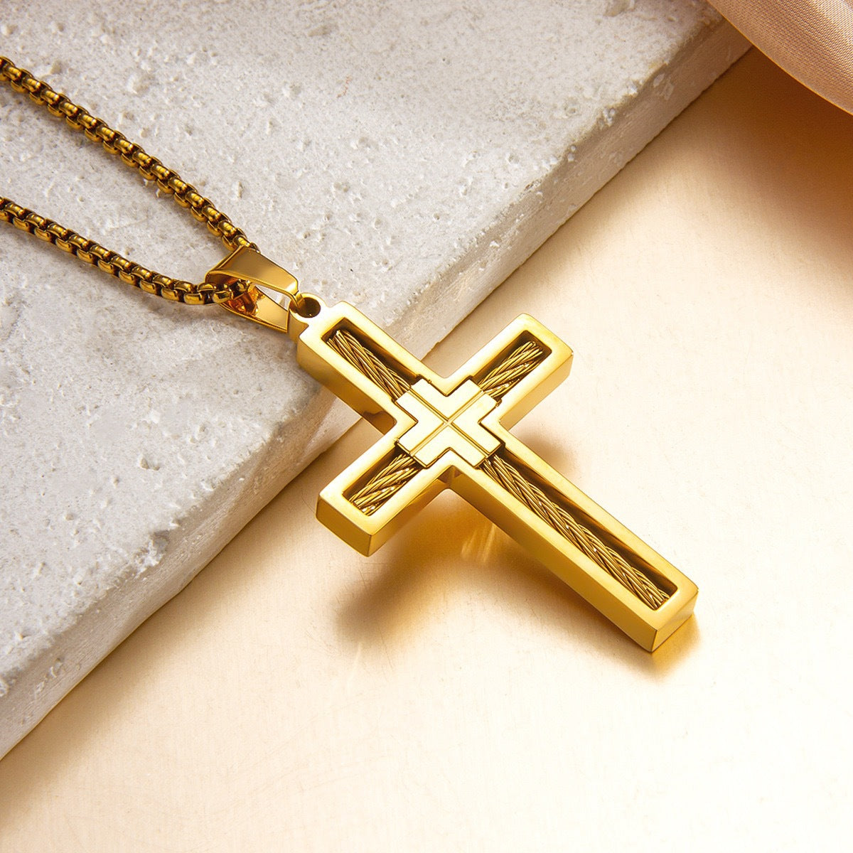 Trend cross titanium steel necklace steel wire punk versatile pendant European and American simple fashion men's pendant