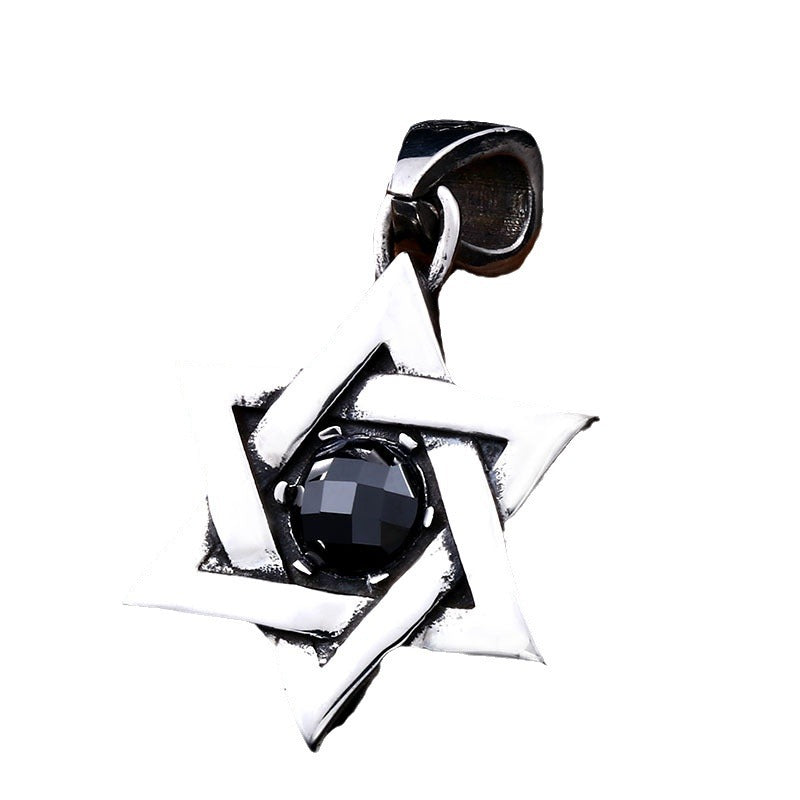 Gothic Hexagram Titanium Steel Pendant with Stone, Retro Personalized Design for Men