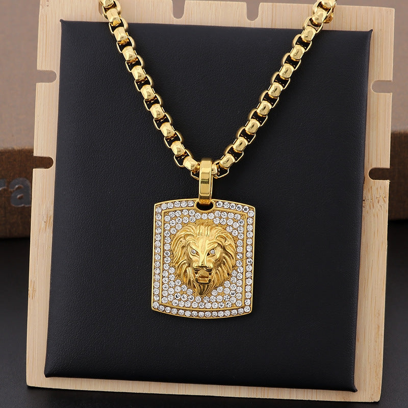 Hip-Hop Style Stainless Steel Lion Head Pendant with Zircon Accents for Men