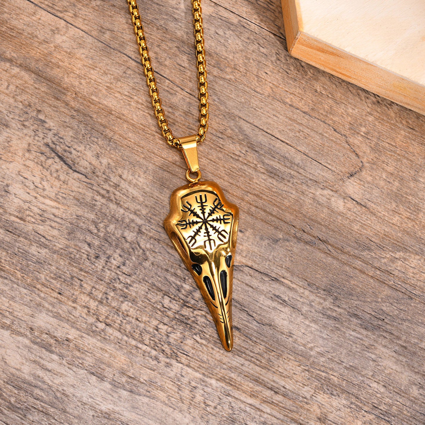 Stainless Steel Viking Crow Skull Pendant Gold Men's Necklace