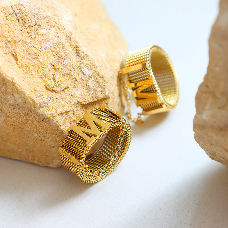 Extravagant Mesh Belt Fringed Chain Ring with Titanium Steel and Gold Accent